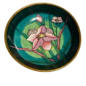 Chinese hand painted porcelain trinket dish encased in brass